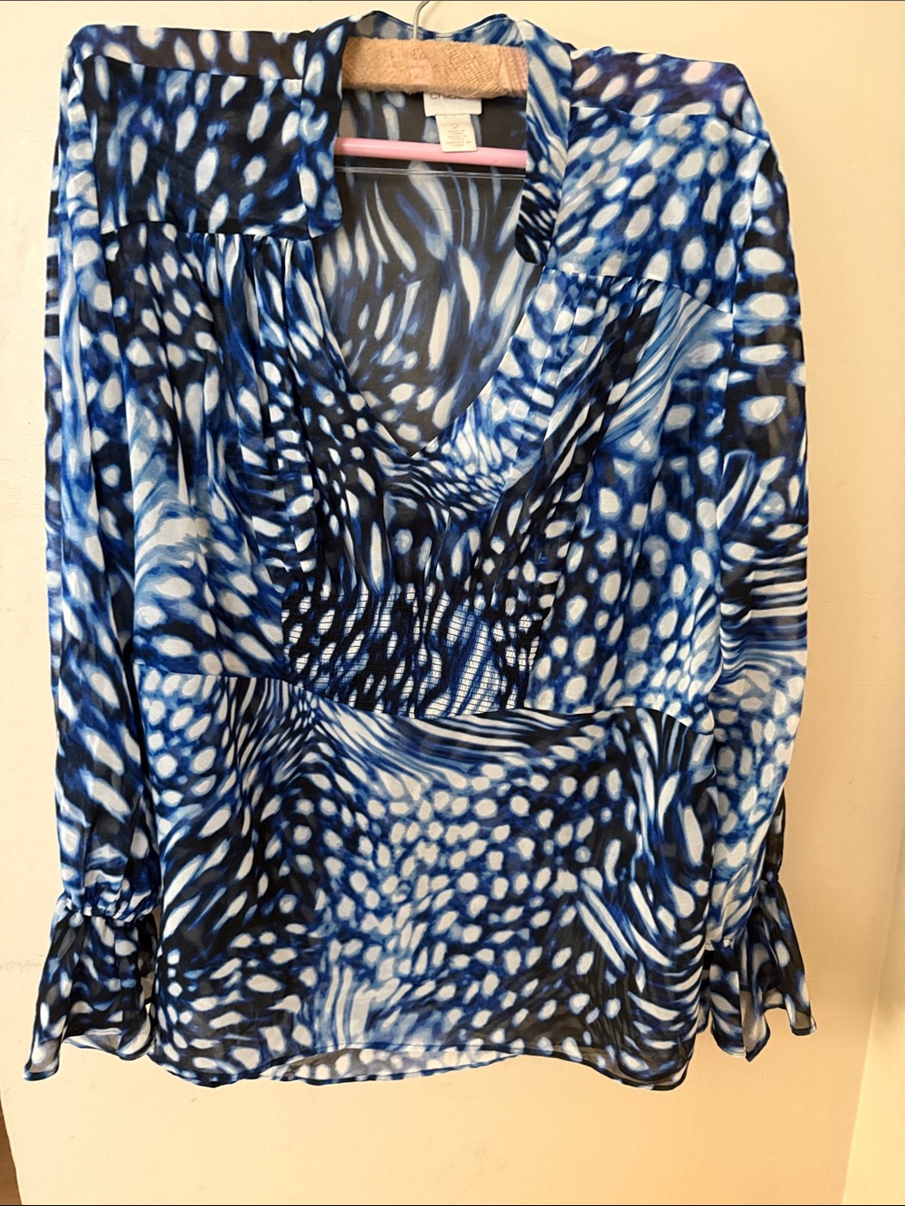 Chico's Blue and White Abstract V-Neck Blouse
